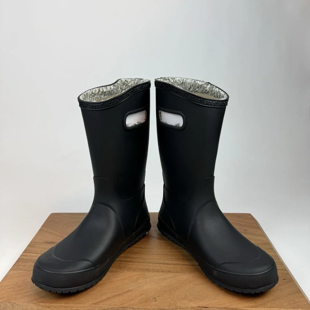 New NIB Big Kids Childrens Bogs Rainboot Plush Black Waterproof Boots‎ Size 5 Y